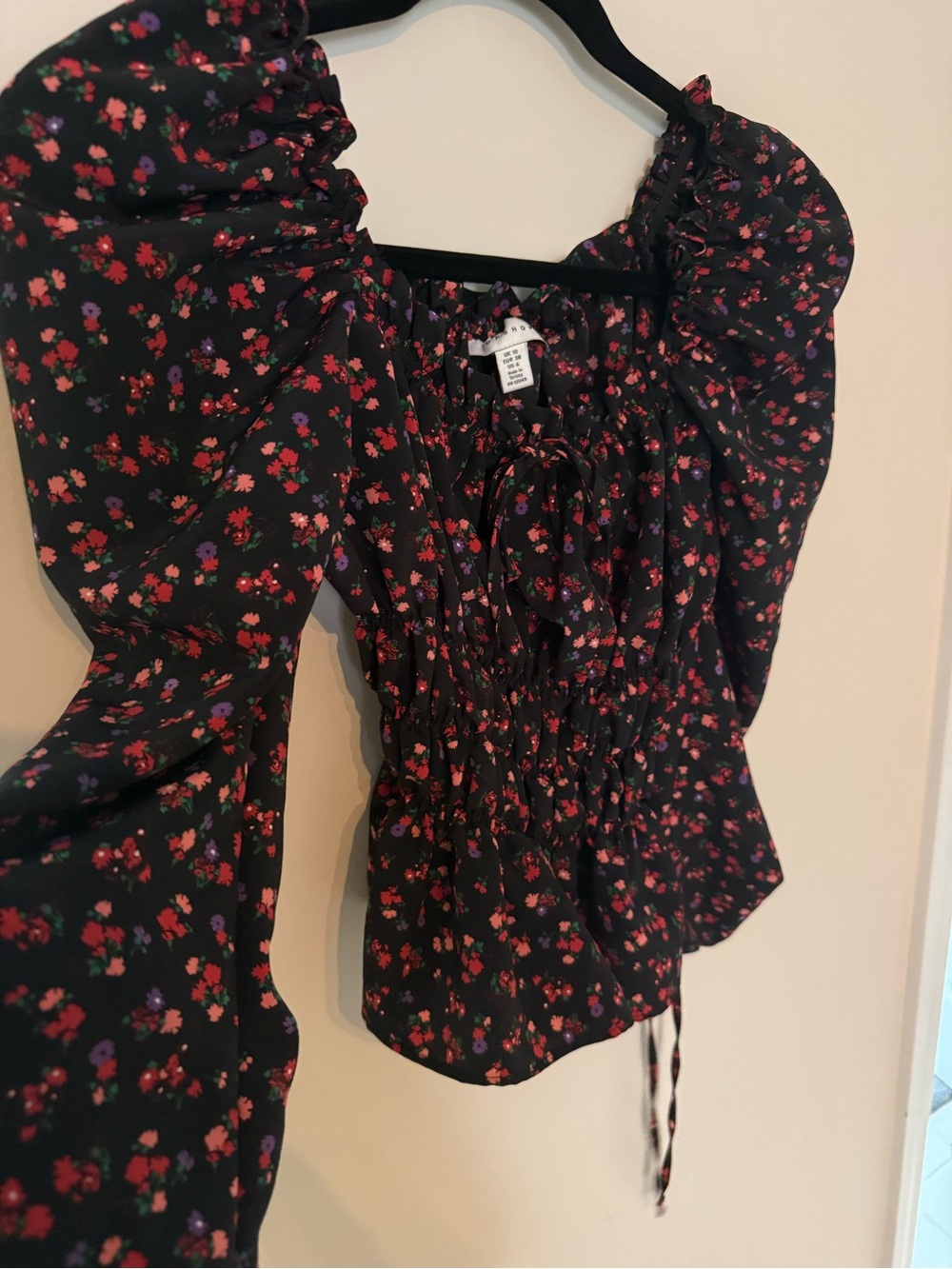 Topshop Black Smocked Blouse with Red Pink Floral Print